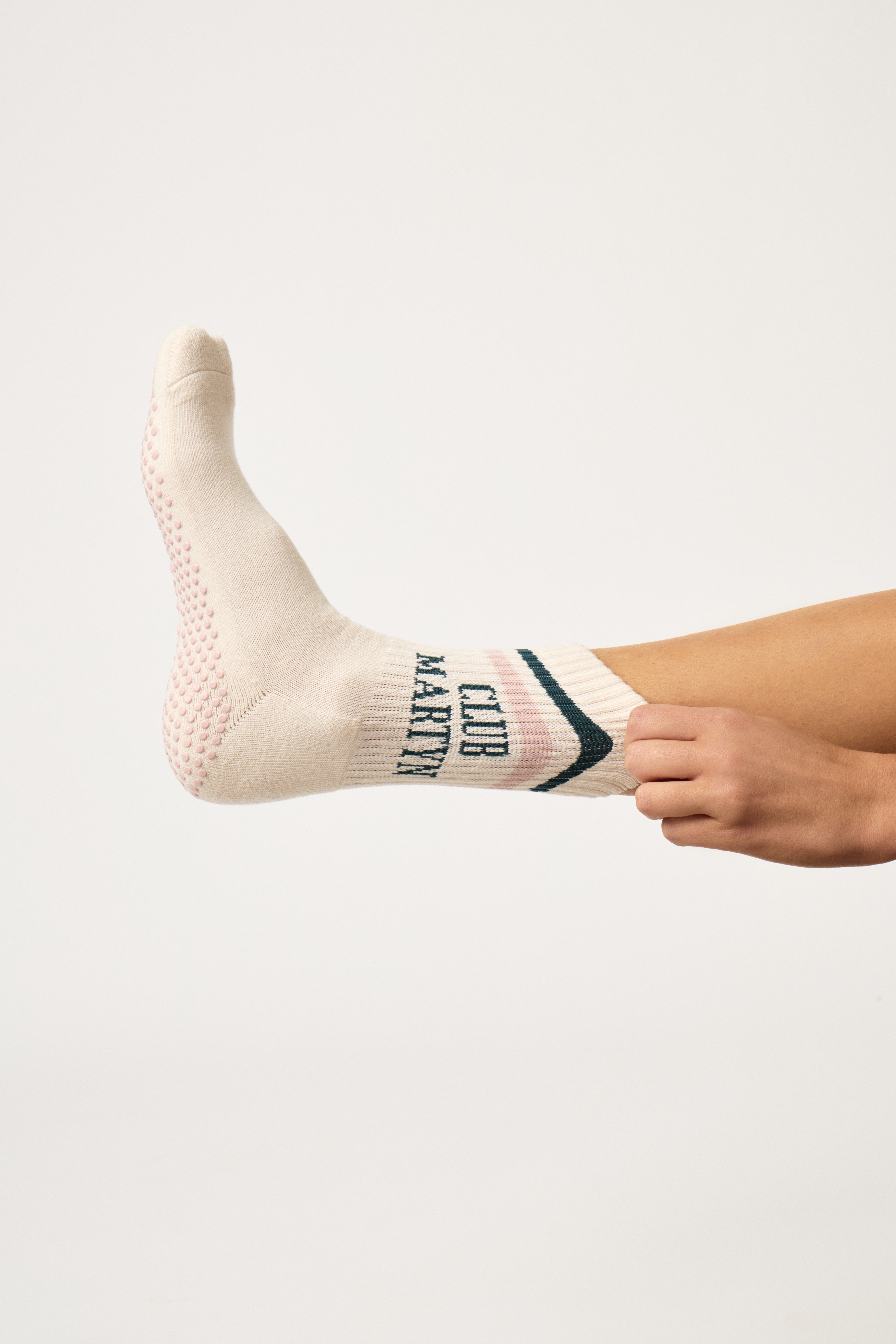Signature Crew Pilates Grip Sock - Pink Green Stripe