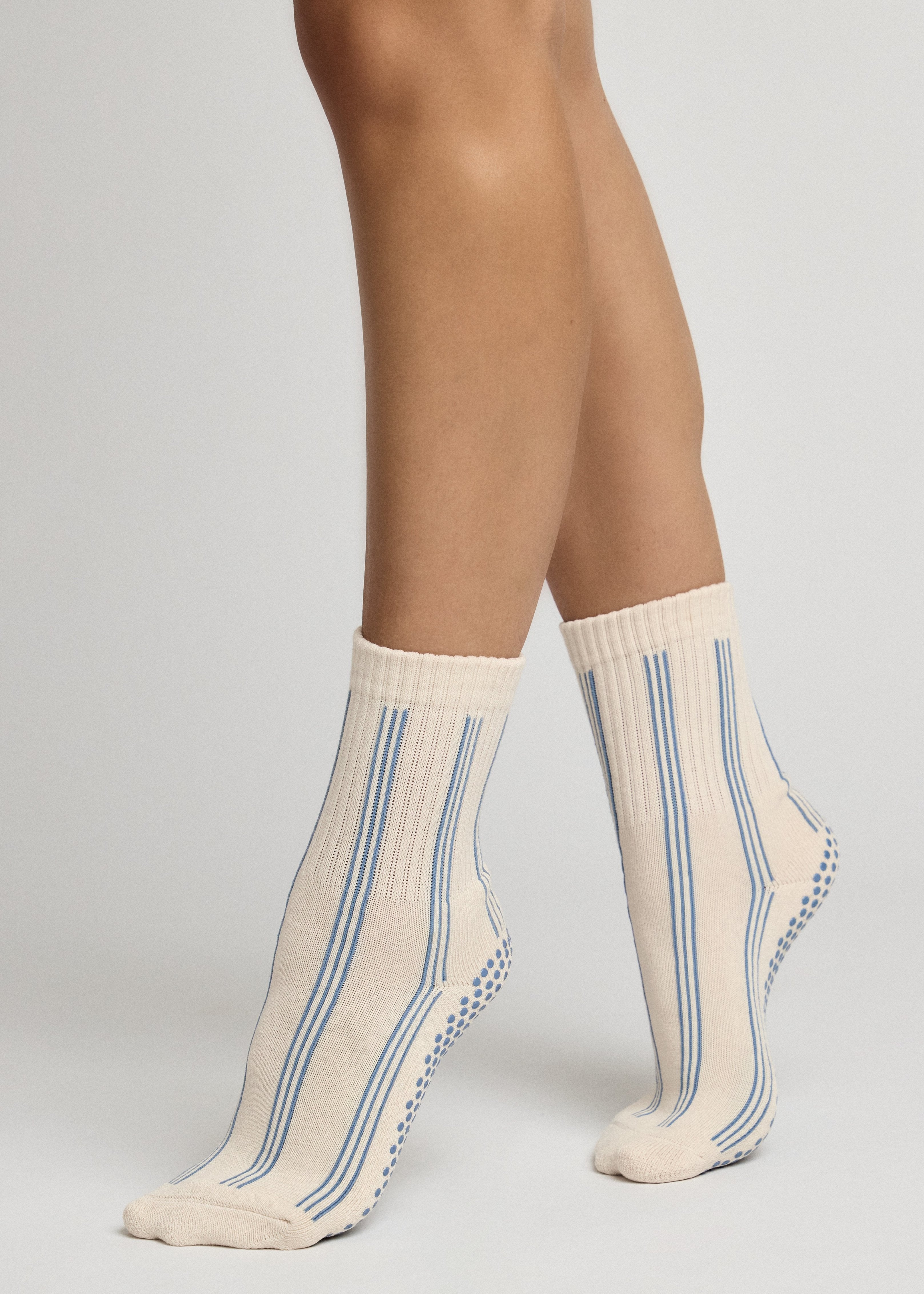 Pinstripe Crew Pilates Grip Sock - Blue
