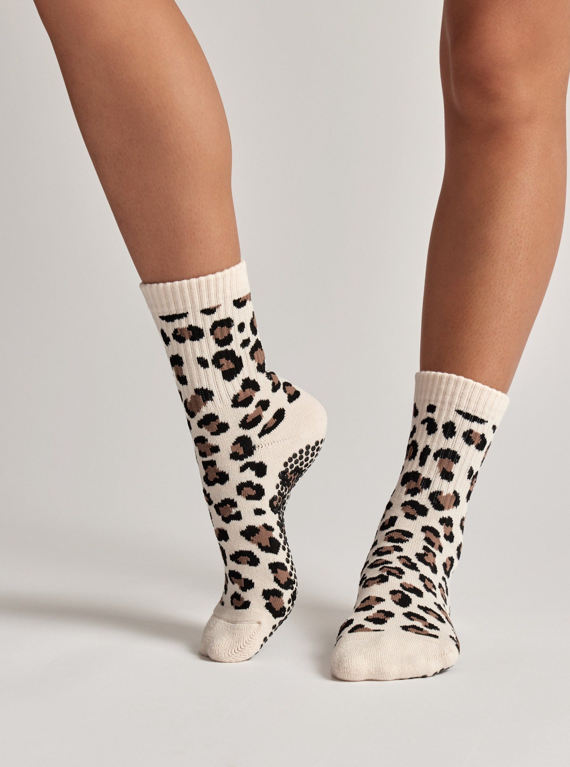 Leopard Crew Pilates Grip Sock - Beige