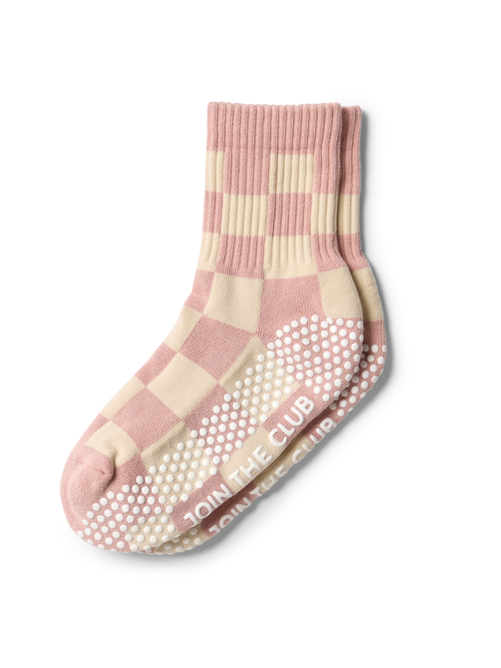 Checkered Crew Pilates Grip Sock - Pink/Beige